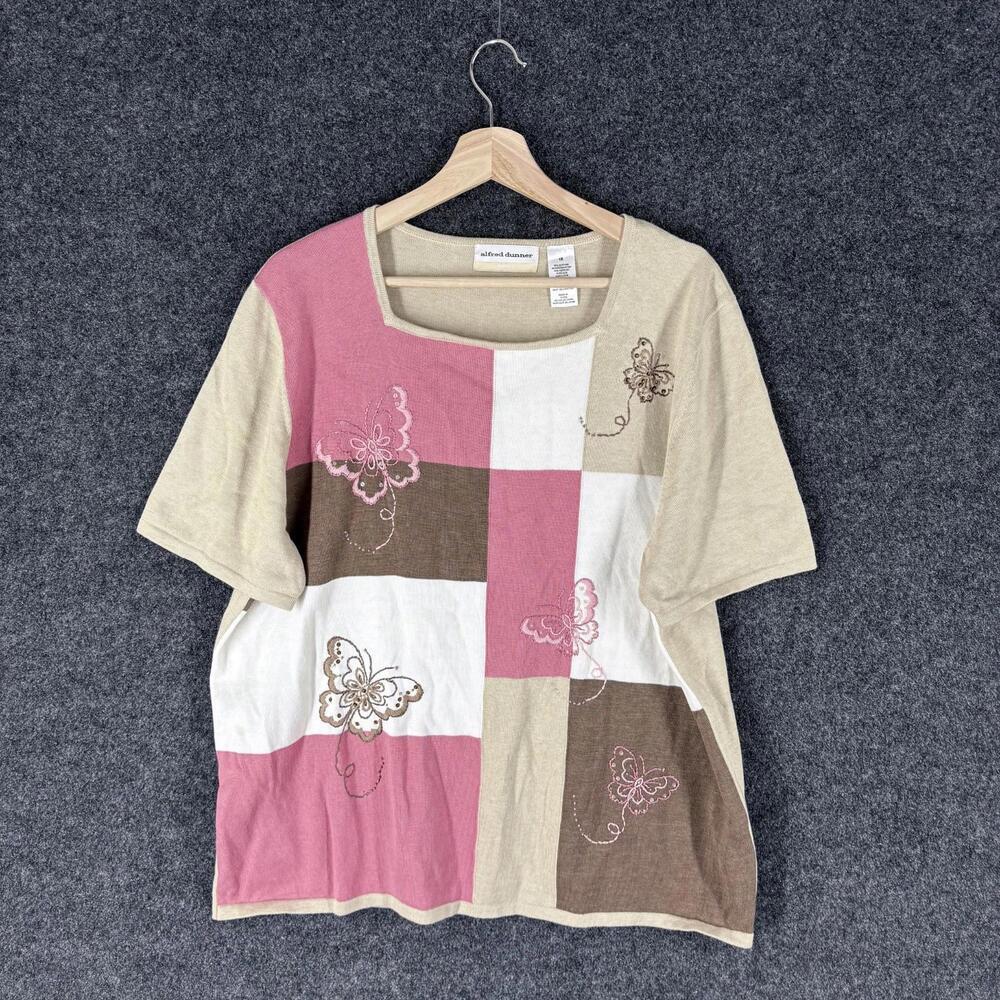Alfred Dunner T-Shirt Women 1X Plus Beige Colorblock Short Sleeve Square Neck